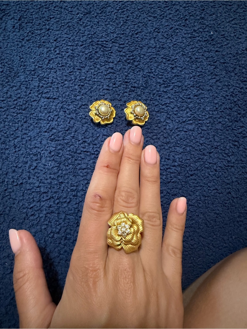 Gold Floral Statement Ring and Earrings Set - Gold Tone